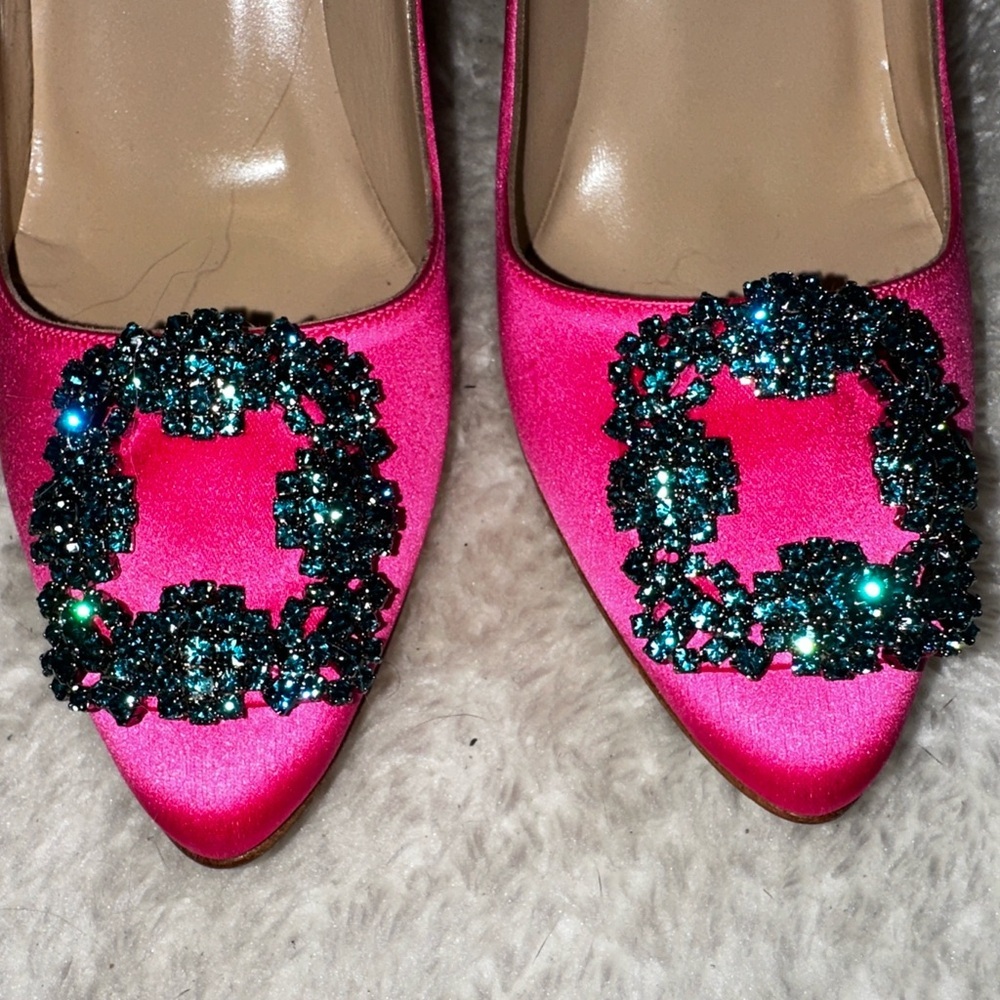 Manolo Blahnik Hangisi 105mm Embellished Pink Satin Pump Size 37 - Picture 9 of 12